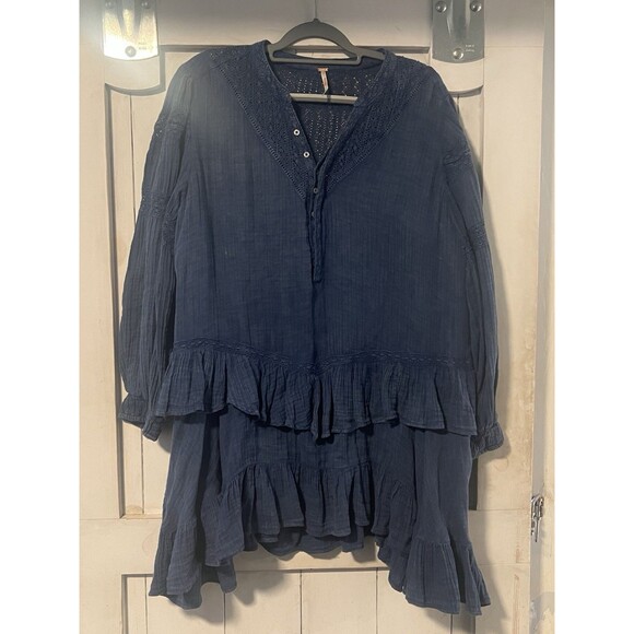 Free People Dresses & Skirts - Free People Sachi Mini Dress Size Large Blue Boho Long Sleeve Tiered